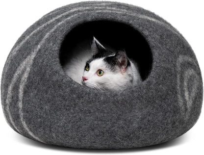 MEOWFIA Cat Cave – Premium Felt Cat Bed for Indoor Cats, Handmade 100% Merino Wool (Large, Dark