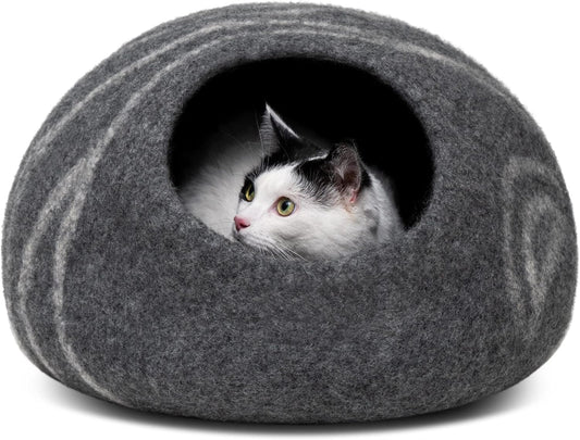 MEOWFIA Cat Cave – Premium Felt Cat Bed for Indoor Cats, Handmade 100% Merino Wool (Large, Dark