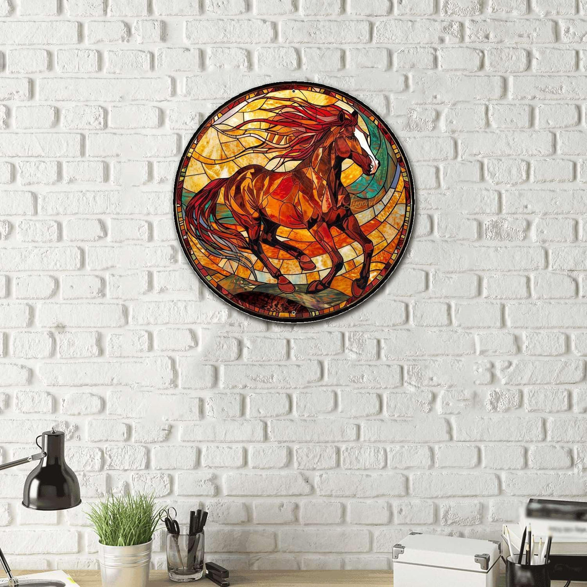 Lygond Metal Sign Tin Sign Circular Stained Glass American Mustang Bar Signs for Home Decor for