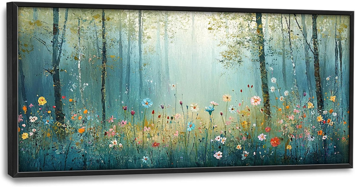 Large Forest Tree Wall Art for Living Room, Framed Oversized Wildflowers Wall Decor, Foggy