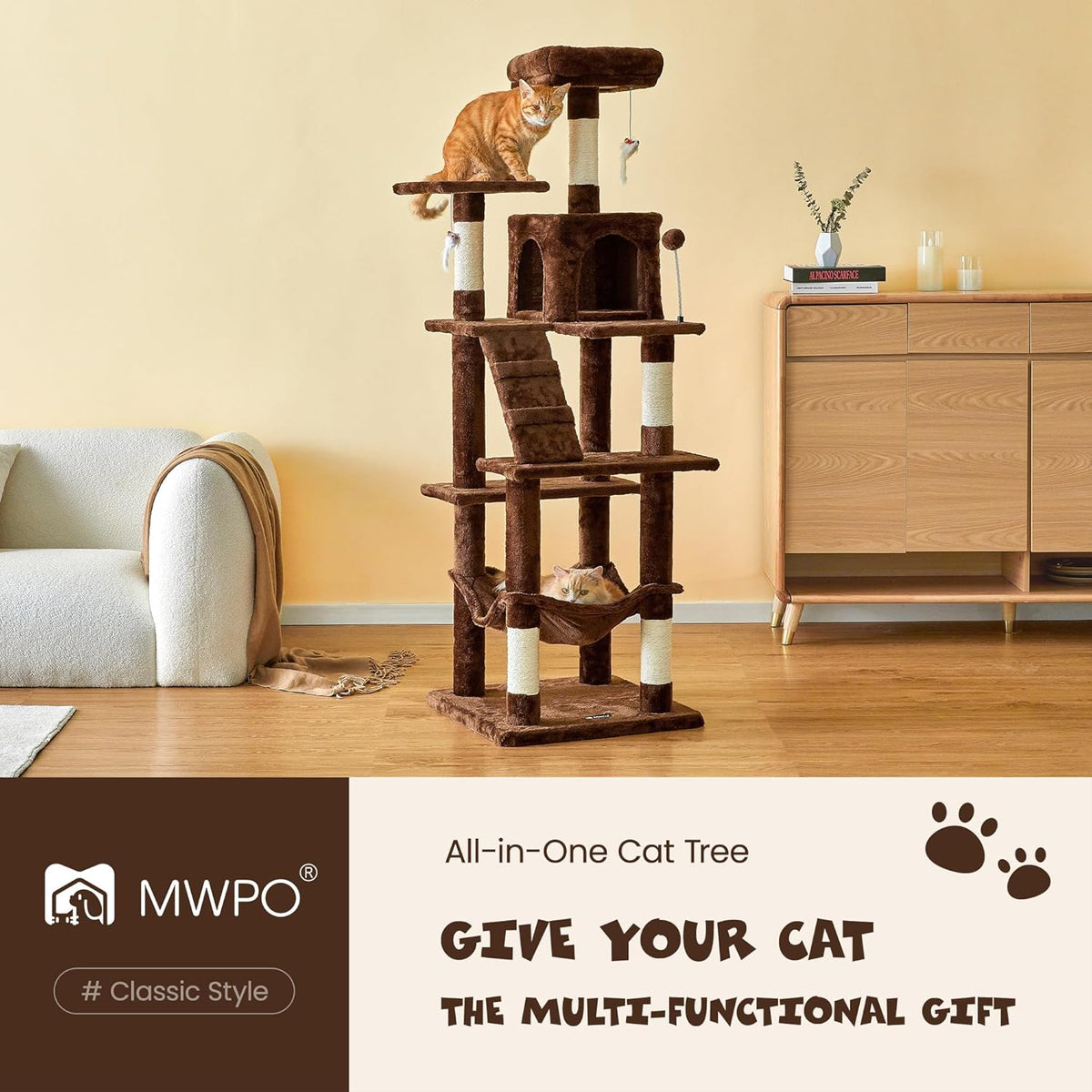 MWPO 63.8 inches Multi-Level Cat Tree for Large Cats with Sisal-Covered Scratching Posts, Padded