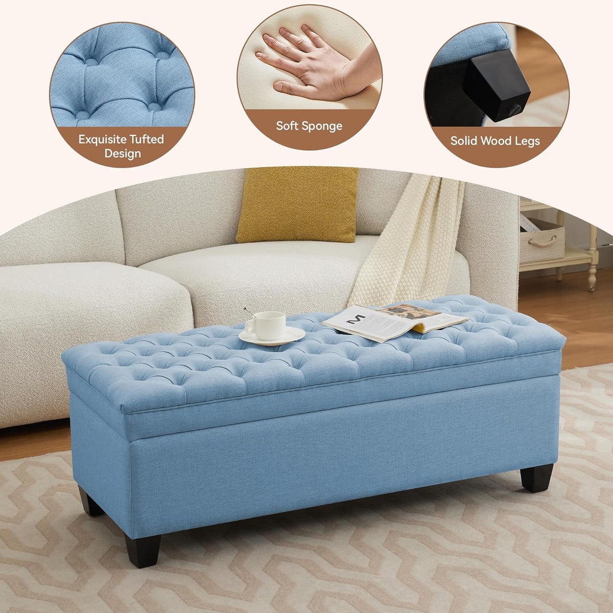 51" Fabric Storage Ottoman Bench, Upholstered Rectangle End of Bed Storage Ottoman Tufted Living
