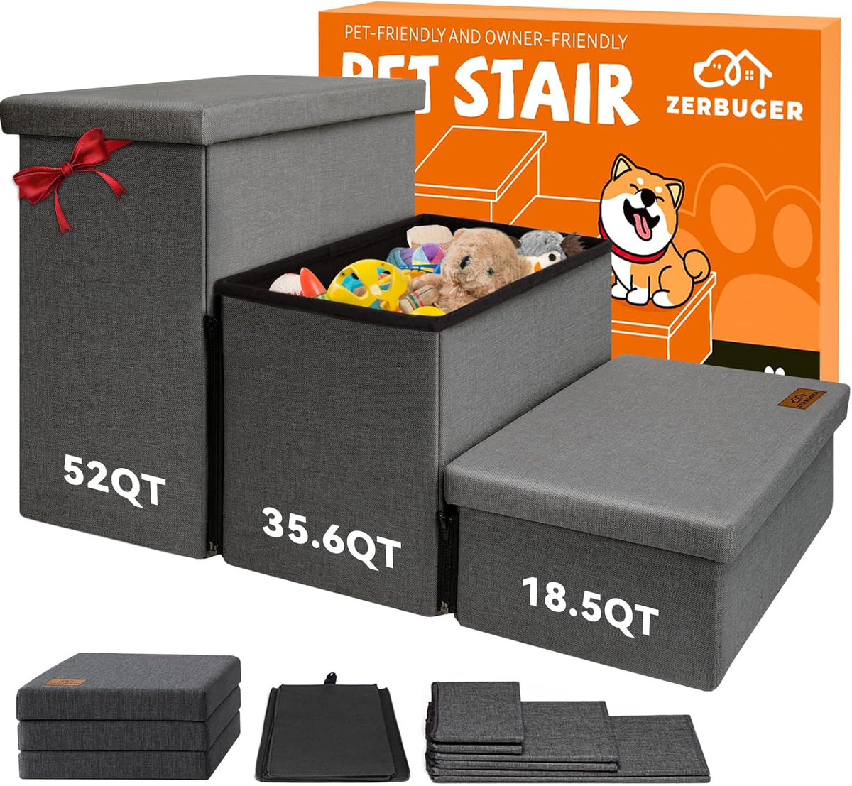 Dog Stairs with Storage 18" H, 3-Step Wider Dog Steps for Small/Medium/Large Old Dogs Cats, Folding