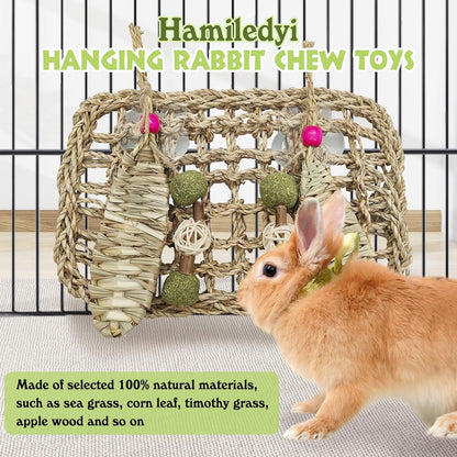 Hamiledyi Rabbit Seagrass Mat Hanging Bunny Chew Toys for Teeth Rabbit Enrichment Activity Mat