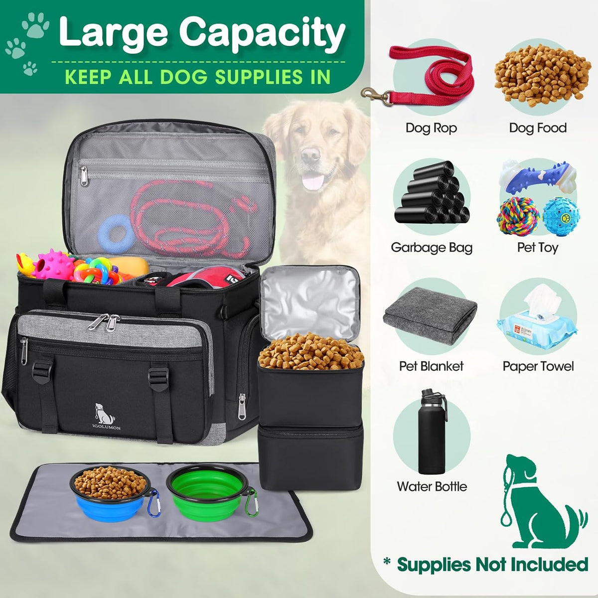 IGOLUMON Dog Travel Bag Large Pet Travel Bags Set for Supplies Weekend Travel Kit Tote Organizer
