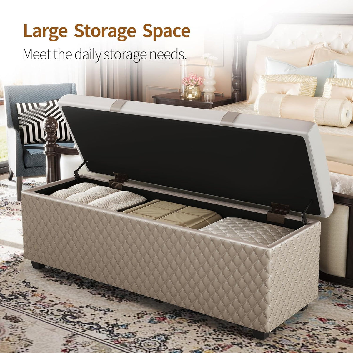 Ottoman with Storage 38 inches, Furniture End of Bed Storage Benches, Long Ottomans Bench with