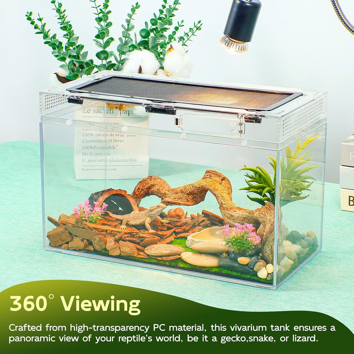 12.5''×6''×7'' Reptile Tank Kit with Heat Lamp, Spray Bottle, Shovel, Tweezers, Food Bowl, Hideout