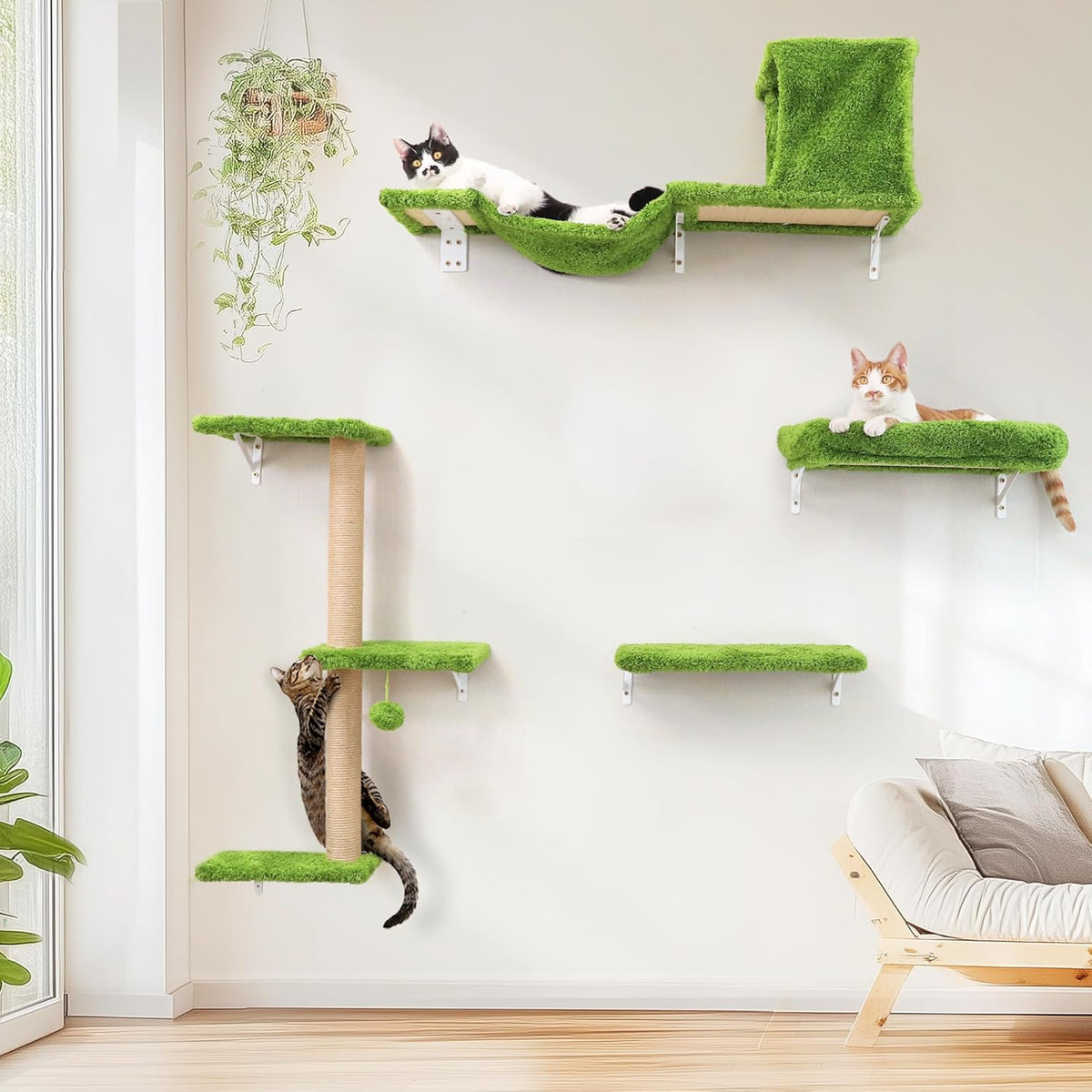 FUKUMARU Cat Wall Shelves, Stable & Safe 4 in 1 Cat Furniture Set, Wooden Climbing Wall with