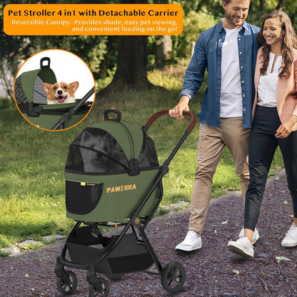 PAWZIDEA Cat Stroller 4 in 1, Pet Stroller for Small/Medium Dogs with Detachable Carrier Easy Lock