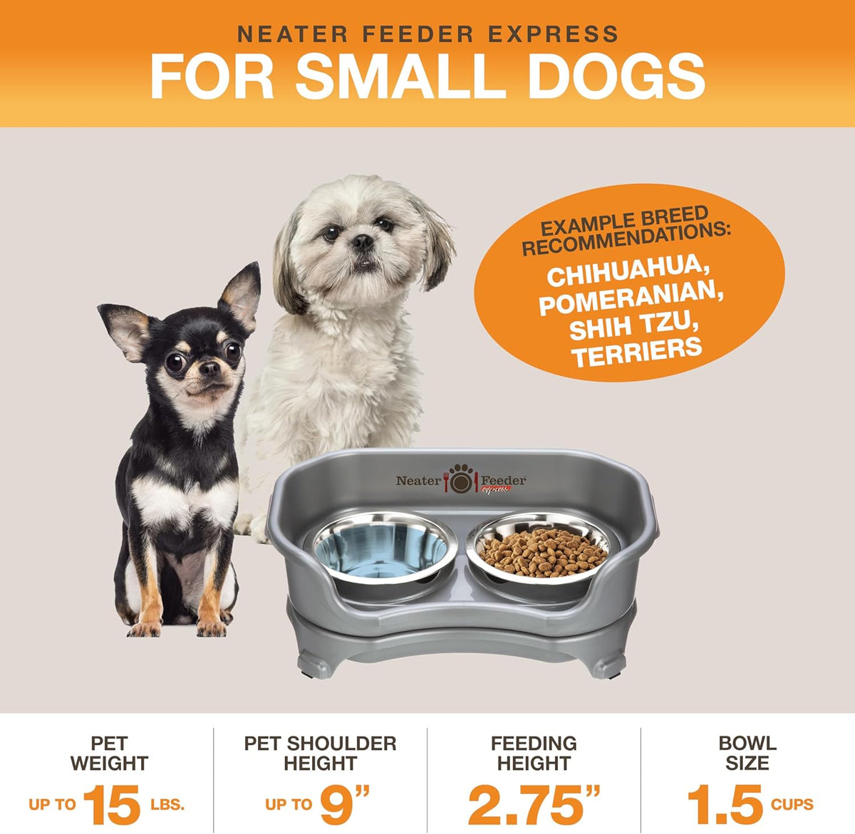 Neater Feeder Express Mess Proof Dog Bowls Elevated for Small Breeds Under 15 Lb, Made in USA, No