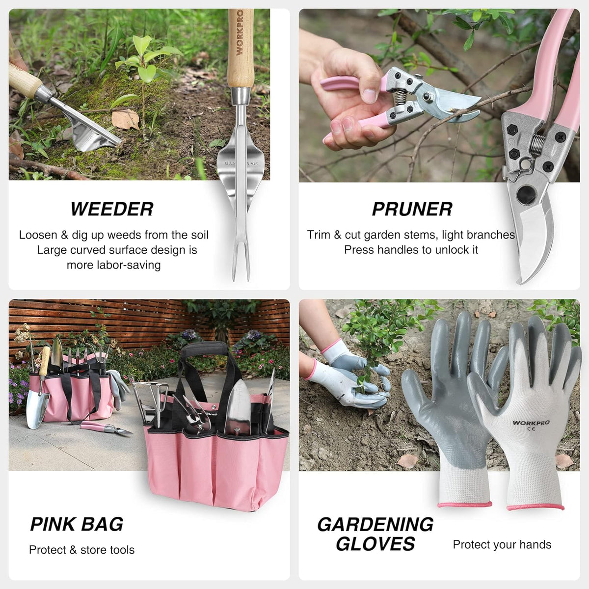 WORKPRO 8-Piece Pink Garden Tool Set, Stainless Steel Gardening Tools with Wood Handle, Including