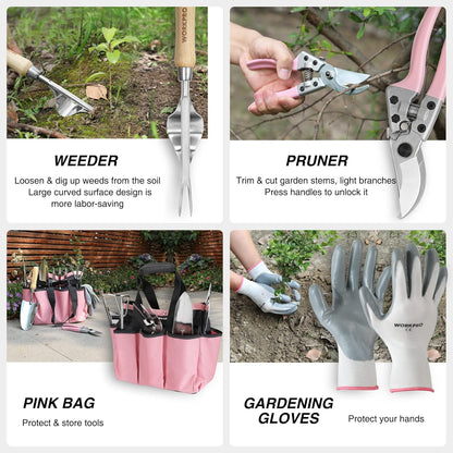 WORKPRO 8-Piece Pink Garden Tool Set, Stainless Steel Gardening Tools with Wood Handle, Including