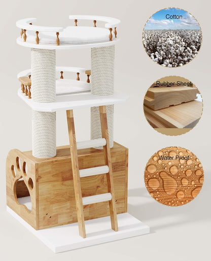 Modern Cat Tree, Solid Wooden Cats Tower, 37" Luxury Cats Trees Condo for Large Cat, Multi-Level