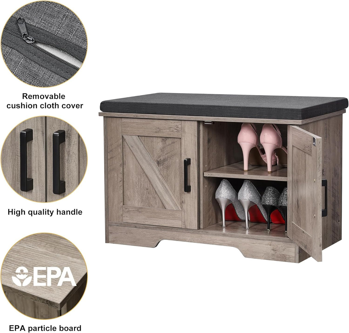 2-Tier Storage Bench, Shoe Bench with Padded Seat Cushion, Entryway Bench with 2 Barn Doors