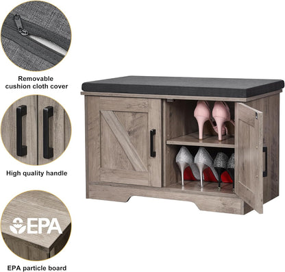 2-Tier Storage Bench, Shoe Bench with Padded Seat Cushion, Entryway Bench with 2 Barn Doors
