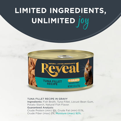 Reveal Natural Wet Cat Food, 24 Pack, Limited Ingredient, Grain Free Food for Cats, Tuna in Gravy