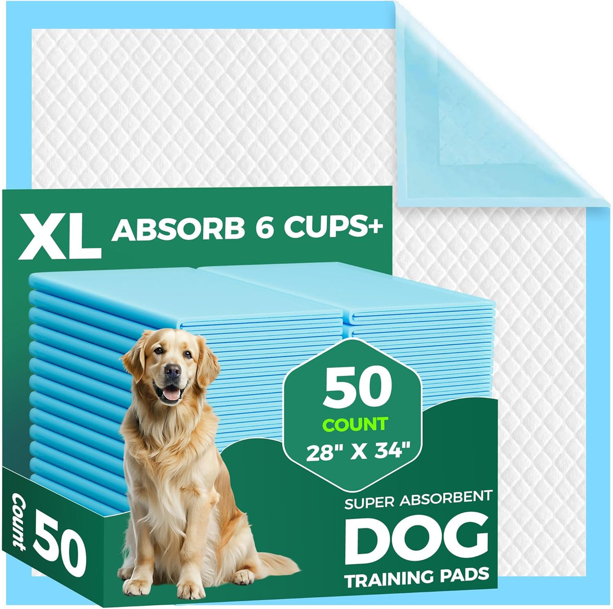 50 Count Dog Pee Pads Extra Large- 28" x 34", Super Absorbent Leak-Proof XL Puppy Pads 50 Pack