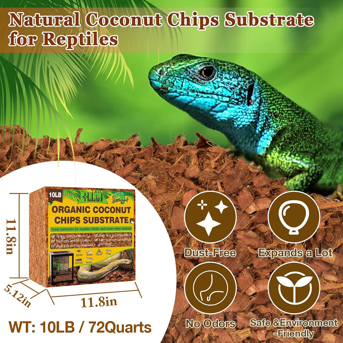 Halatool 10LB Coconut Chips Substrate for Reptiles 72QT Natural Coco Husk Snake Bedding for Ball