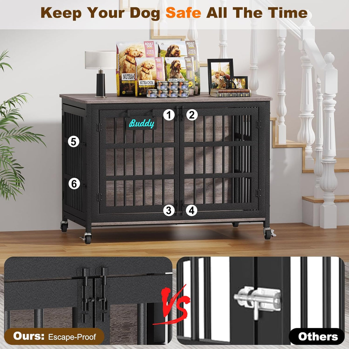 EasyCom 48"/42"/33" XXL Dog Crate Furniture with Casters, Heavy Duty Dog Kennel Indoor for Large