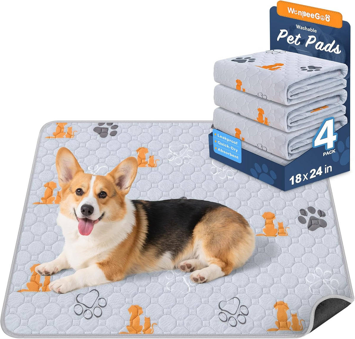 Washable Pee Pads for Dogs, 4 Pack Absorbent Reusable Training Dog Pads Pet Puppy Pads, Non-Slip