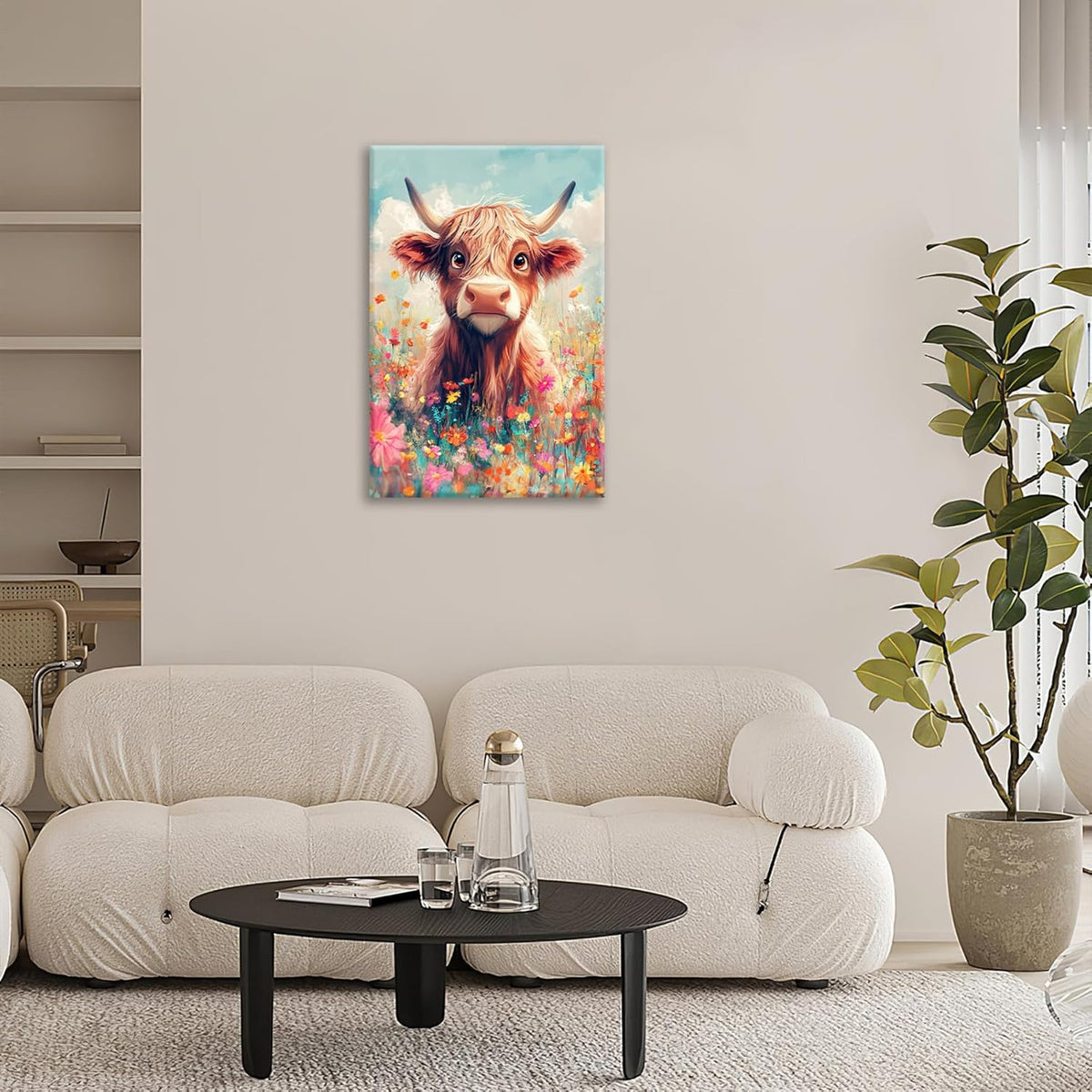 Highland Cow Wall Art Canvas Flower Cattle Wall Decor Prints Framed Painting Animal Pictures Gifts