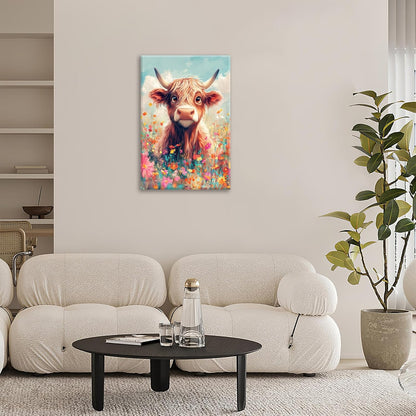 Highland Cow Wall Art Canvas Flower Cattle Wall Decor Prints Framed Painting Animal Pictures Gifts
