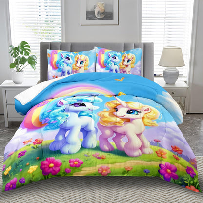 Unicorn Comforter Set Queen,Kawaii Unicorn Bedding Set Queen Kids,Rainbow Comforter Blue Bedroom