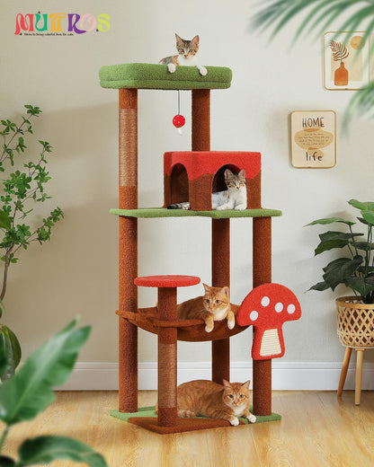 Mushroom Cat Tree Tower with Removable Scratcher, Large Hammock, Condo, Perch, 3 Sisal Posts