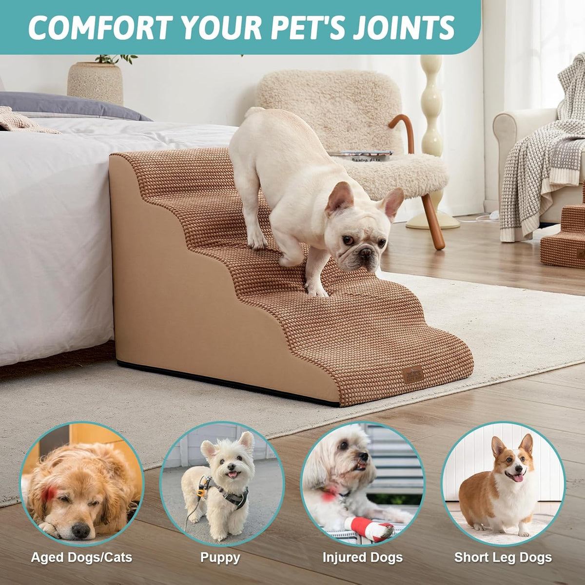 Extra Wide Dog Stairs 19.7" Width, Large Pet Step for Small Medium Dog, Puppy or Cat, Ramp for High