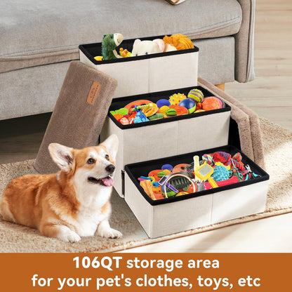 Dog Stairs with Furry Lids 18" H, 3-Step Wider Dog Steps with Storage for Small/Medium/Large Old