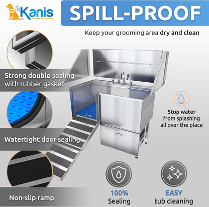 KANIS Professional Dog Washing Station - 304 Stainless Steel Pet Wash Sink & Grooming Bath Tub for