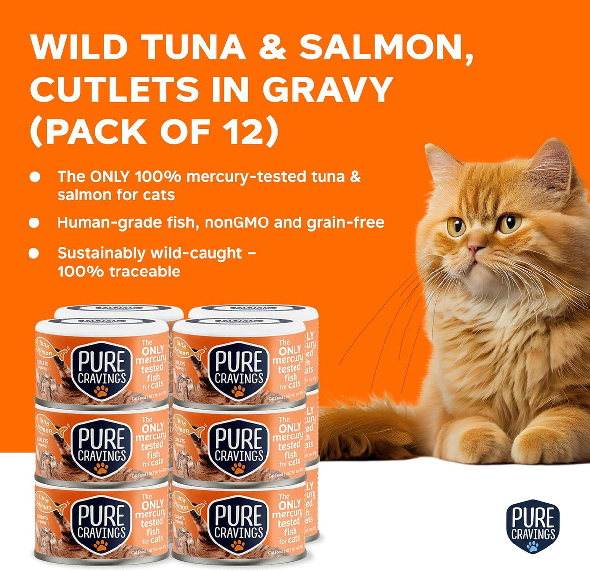 Wet Cat Food Canned Tuna and Salmon Cutlets in Gravy, 100% Mercury-Tested, Moist Can Fish for Cats