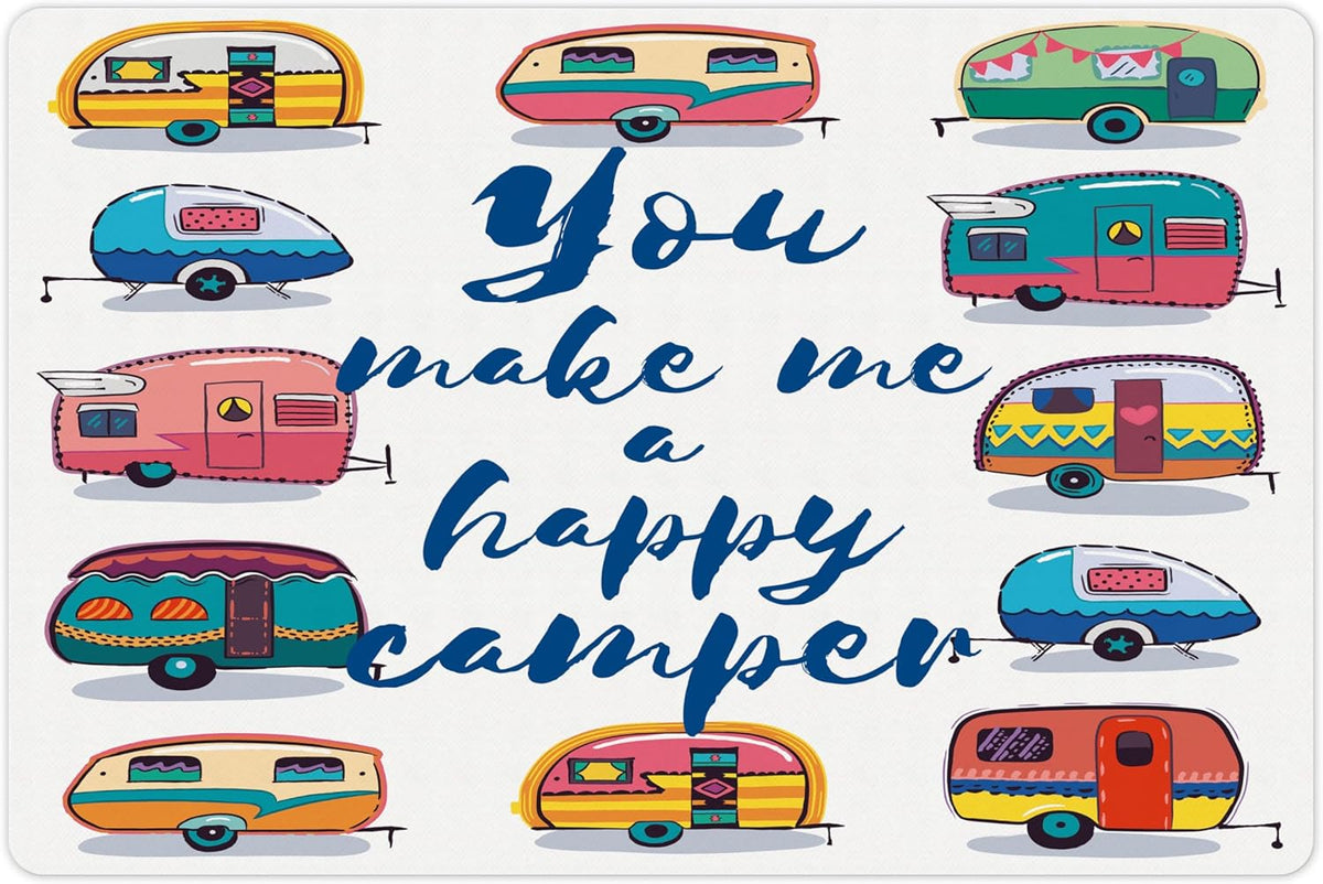 Lunarable Camper Pet Mat for Food and Water, You Make Me Happy Motivational Words Caravans Retro