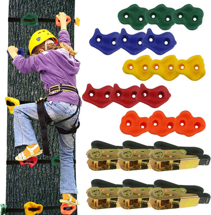 Ogrmar 15 Packs Ninja Tree Rock Climbing Holds Kits with 6 Ratchet Straps for Kids & Adults Outdoor