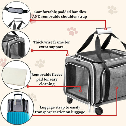 Airline Approved Expandable Premium Pet Carrier on Wheels- Two Sided Expandable Rolling Carrier