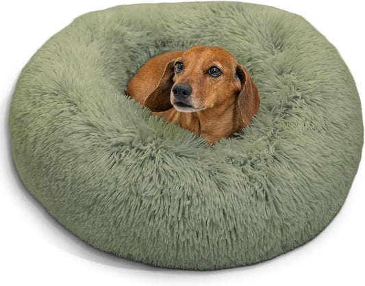Best Friends by Sheri Original Calming Donut Dog and Cat Bed, Shag Faux Fur, Sage Green, (23in x