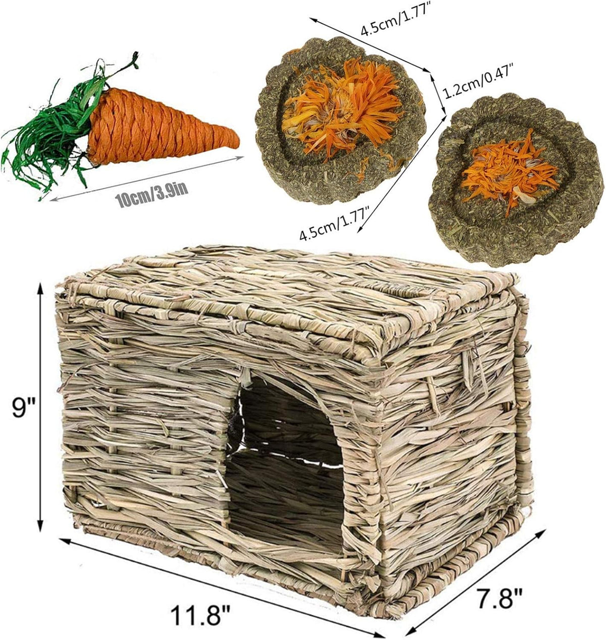 kathson 2 Pcs Rabbit Grass House Natural Foldable Hand Woven Seagrass Bed Carrot Hay Toy Hut Safe