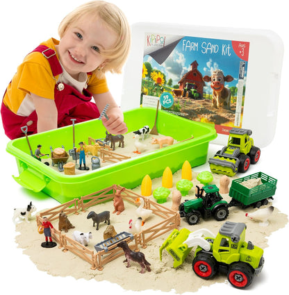 59 PCS Farm Sensory Bin Sandbox with Lid, 2.2 LB Sensory Sand, 40 Toddler Farm Toys, 3 Take Apart