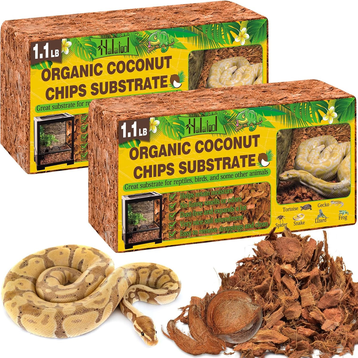 Halatool 2Pack Snake Bedding Natural Coconut Chips Substrate 2.2LB Coconut Husk for Reptiles Tank