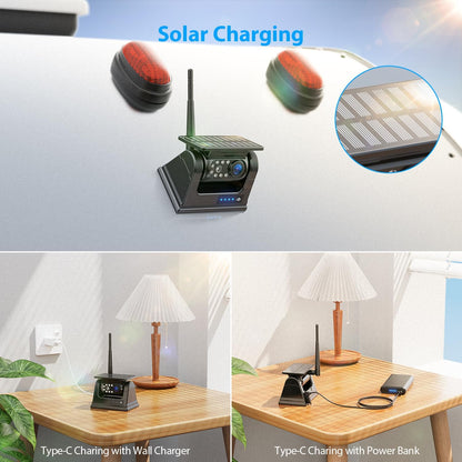 2 Magnetic Solar Wireless Backup Camera HD 1080P 9" DVR Monitor, Solar Rechargeable RV Backup