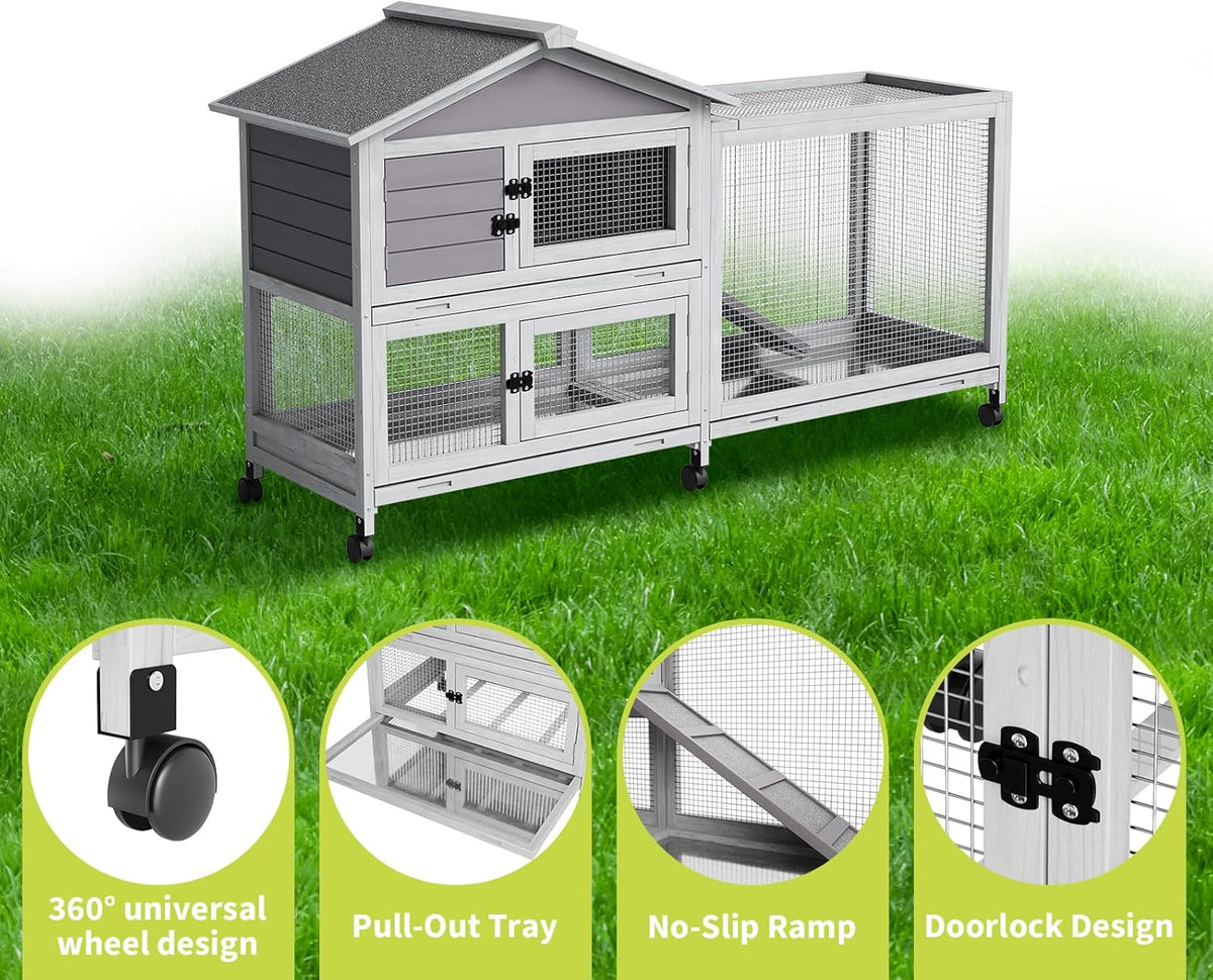 Rabbit Hutch 2-Tier, Small Wooden Chicken Coop with Wheels for Outdoor Use - Weatherproof Small