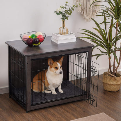 DWANTON Dog Crate Furniture with Cushion, Wooden Kennel Table with Double Doors, Indoor Dog House