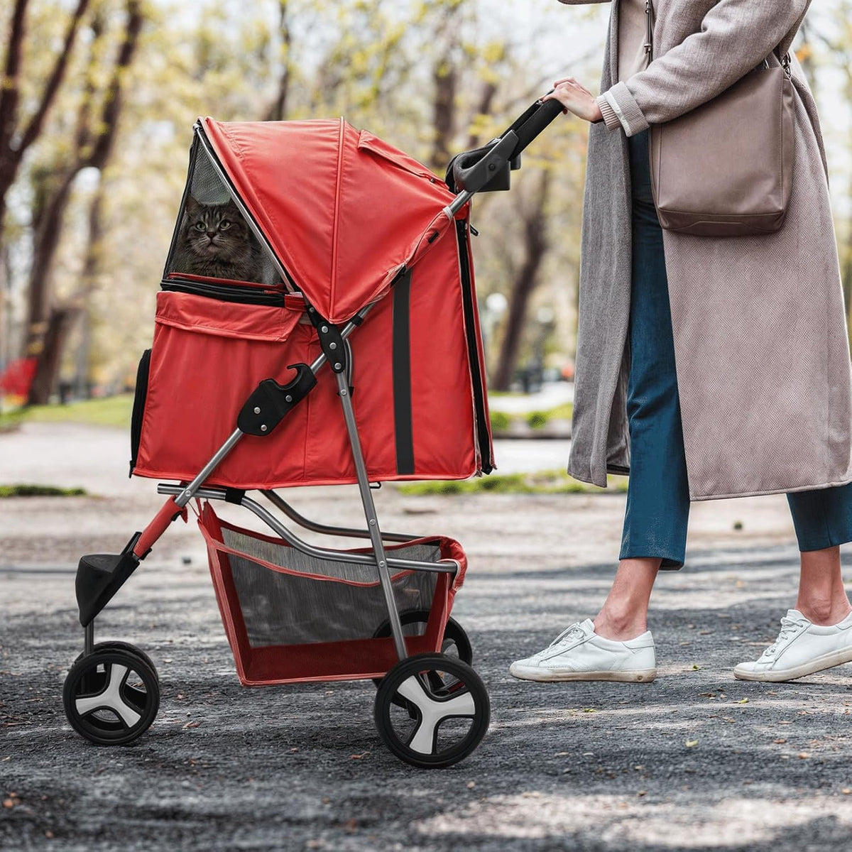 MoNiBloom 3 Wheels Pet Stroller, Foldable Puppy Cage Jogger Stroller with Weather Cover for