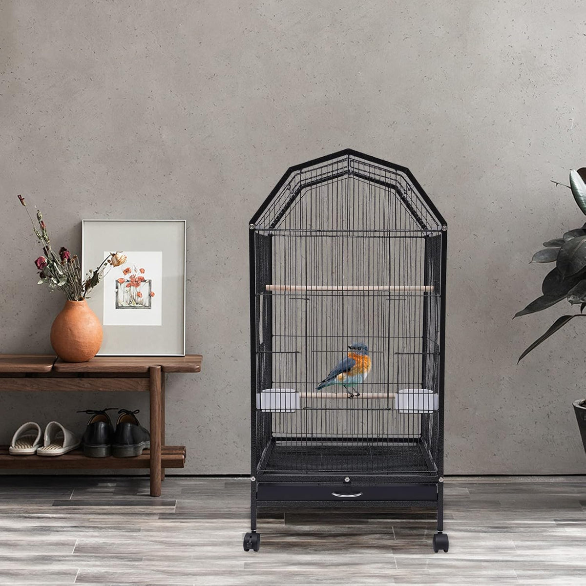 40-Inch Wrought Iron Bird Cage with Open-Top and Rolling Stand, Movable Parrot Cage Pet Bird Flight