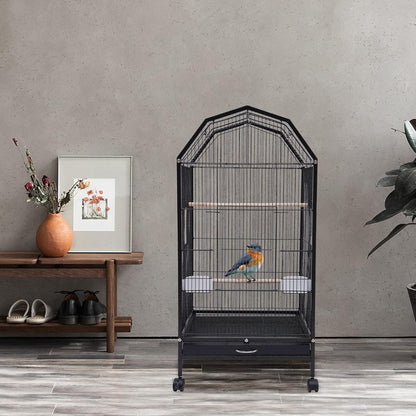 40-Inch Wrought Iron Bird Cage with Open-Top and Rolling Stand, Movable Parrot Cage Pet Bird Flight