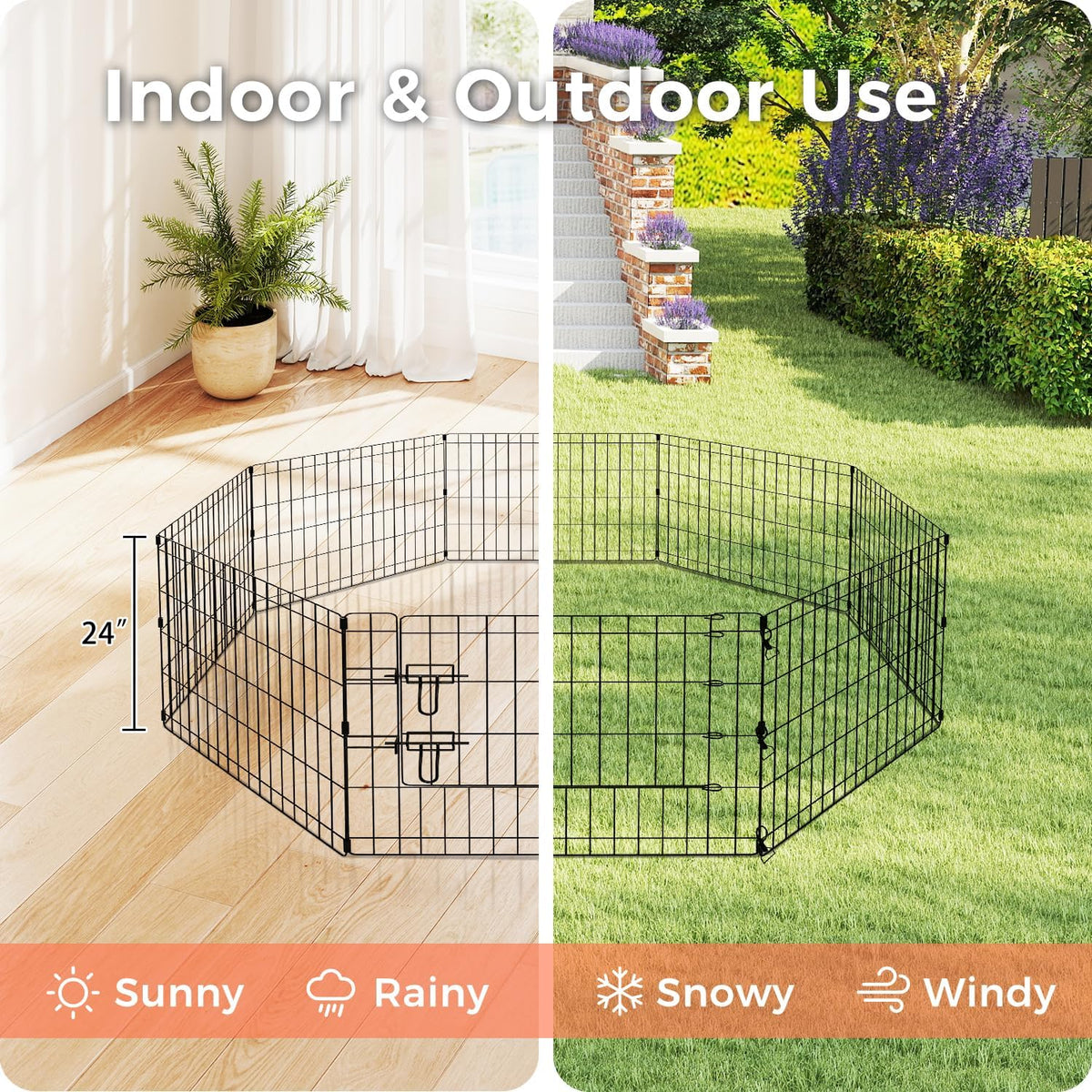 Foldable Dog Playpen 24" Height 8 Panels Metal Exercise Pen with Door - Indoor/Outdoor Puppy