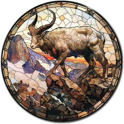 Lygond Metal Sign Tin Sign Circular Stained Glass Mountain Goat Tin Sign Gift for Garage 12×12