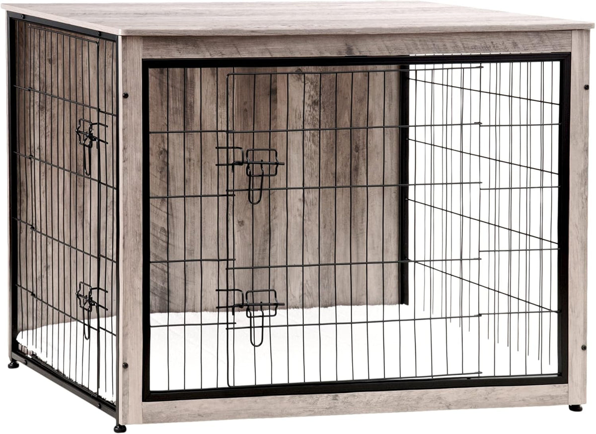 DWANTON Dog Crate Furniture with Cushion, Wooden Kennel Table with Double Doors, Indoor Dog House
