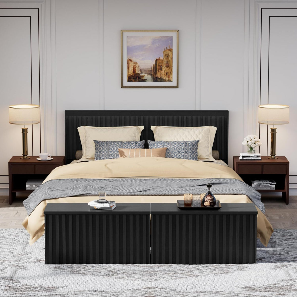 UEV Black Storage Bench Set of 2, 39.4" Fluted Wood Storage Trunk with 2 Safety Hinges, Sturdy