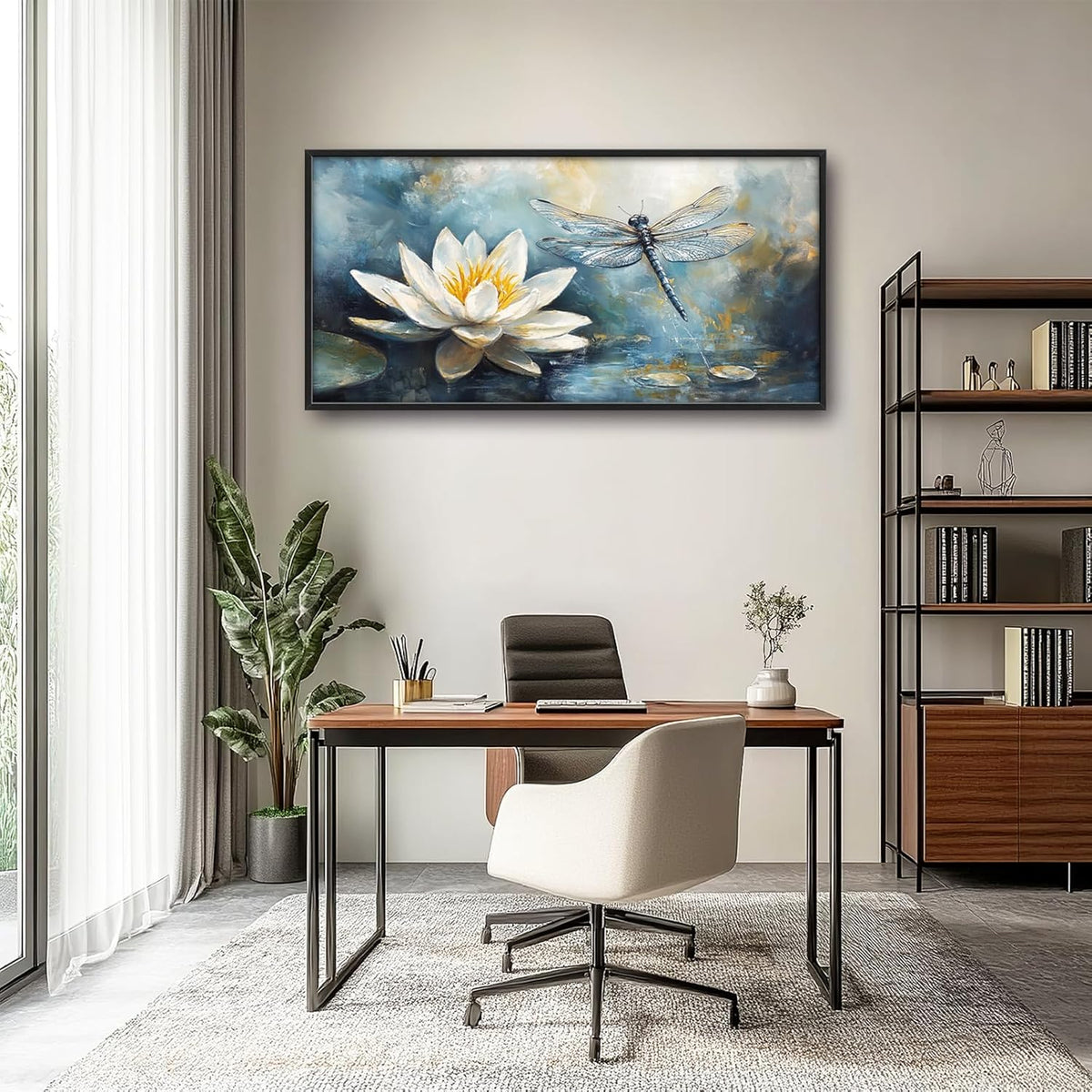 Extra Large Lotus Dragonfly Framed Wall Art for Living Room,Abstract Blue Lotus Flower Lake